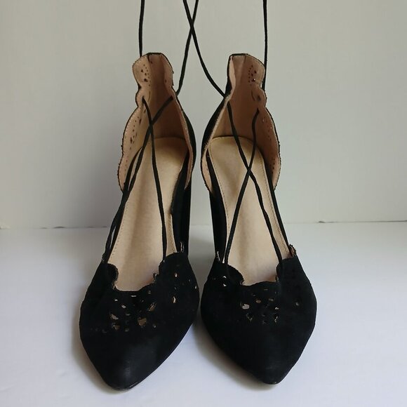 'Jenni' Black Suede CutOuts Block Heels Pointy Toes Long Ankle Wrap Laces Sz 8 - Picture 2 of 12